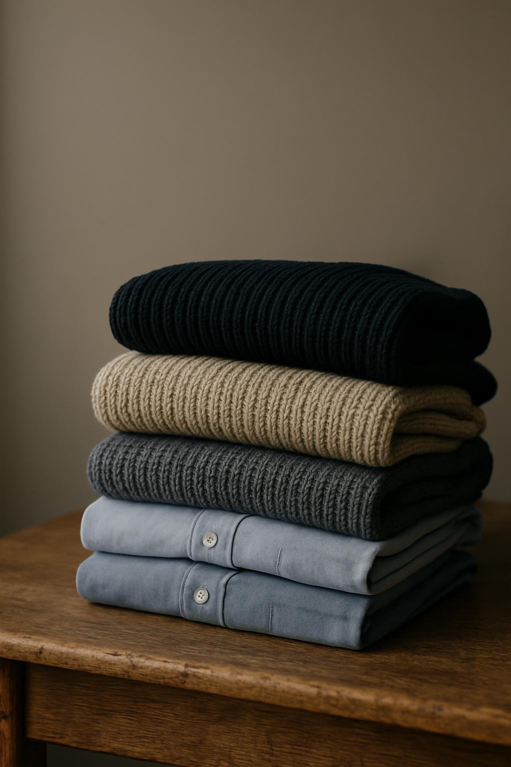 Folded knitwear and shirts stacked on a worn oak table