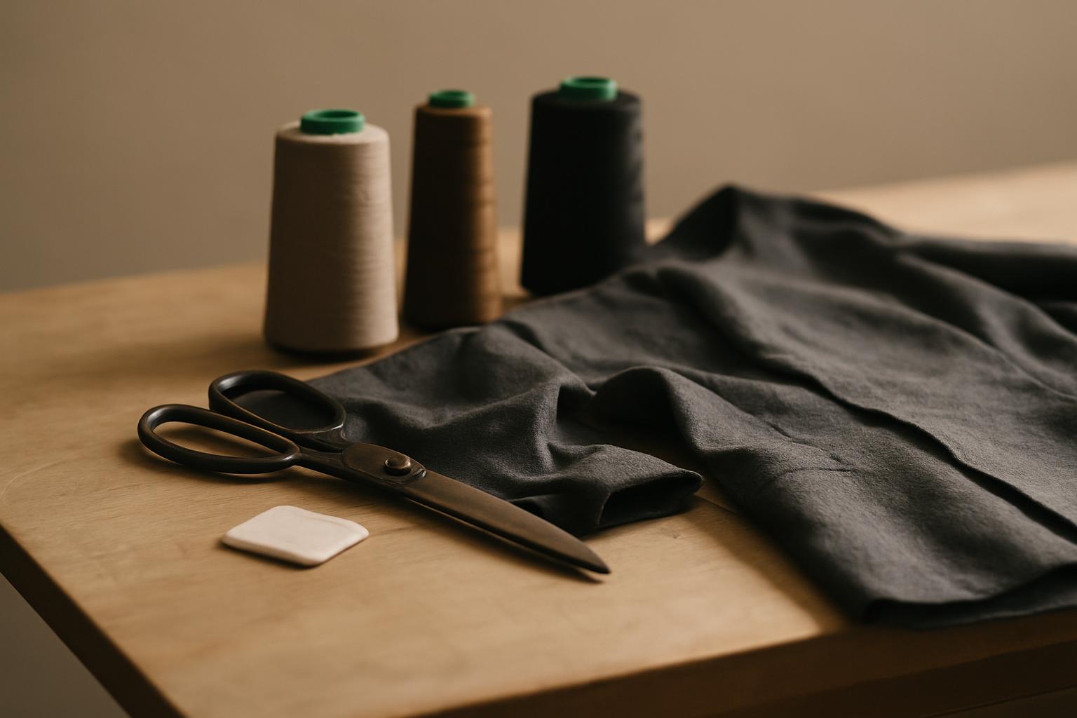 Workroom bench with shears, chalk and thread